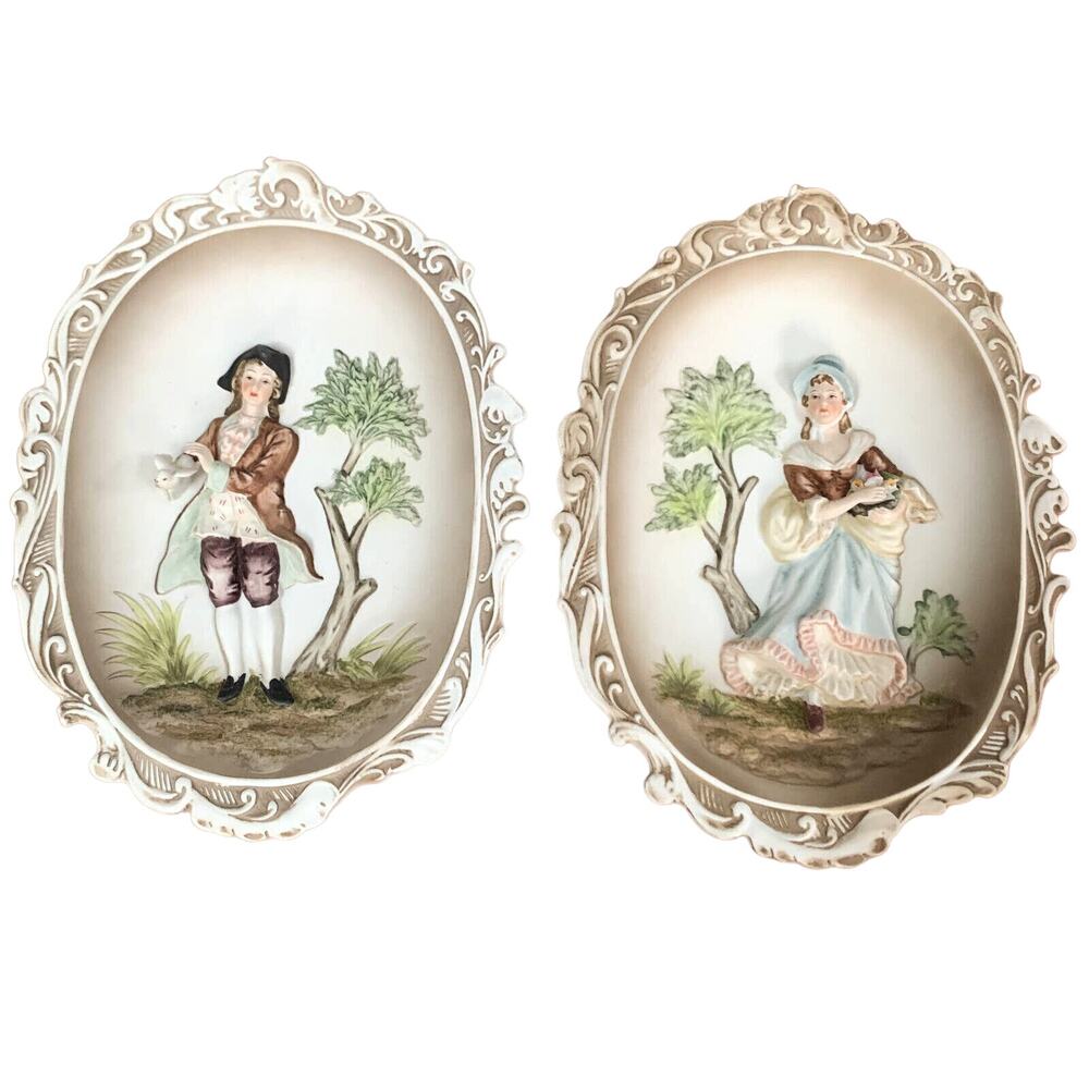Vintage Lefton Blue Boy / Pinky Girl Porcelain Wall Plaques Colonial 3D KW4758